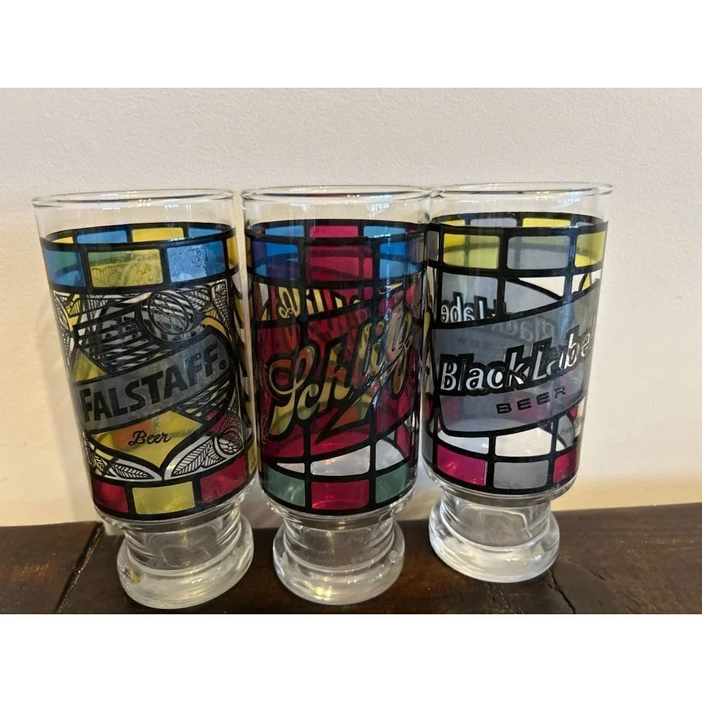 Set of 6 Anchor Hocking Beer Glass Circa 1970 Tumblers Stain Glass 6.5